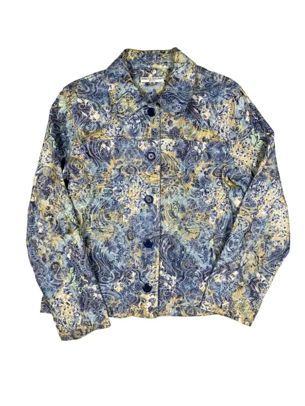 Rebecca Malone Floral Paisley Button-Down Jacket PM Blue Yellow Cotton Blend - Picture 2 of 8